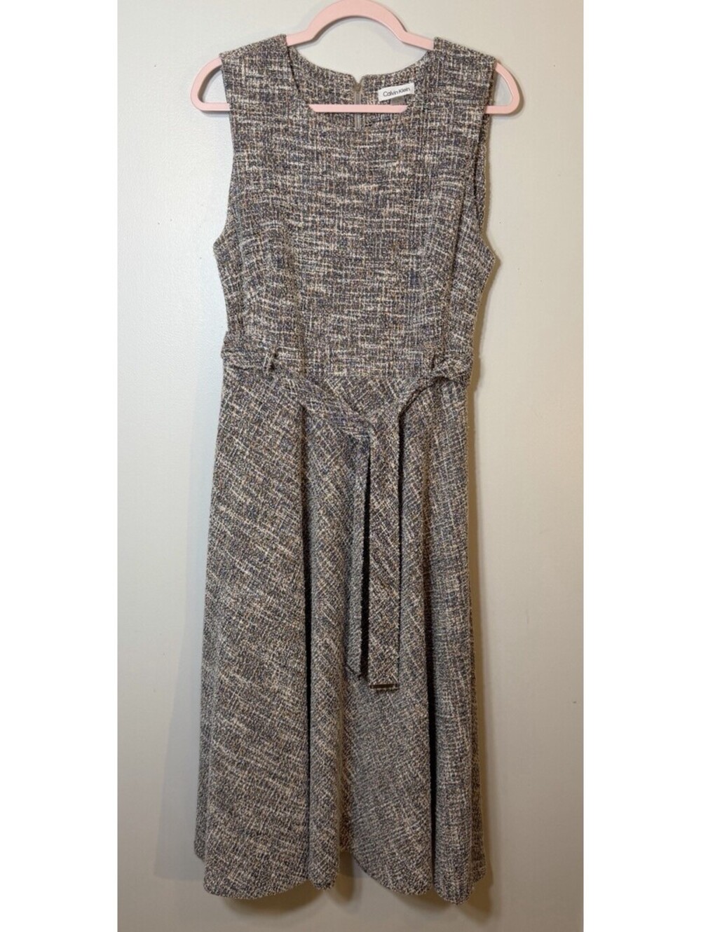 Calvin Klein Tweed Dress Sz 14 Women’s Sleeveless Tie Waist Belted A Line Midi
